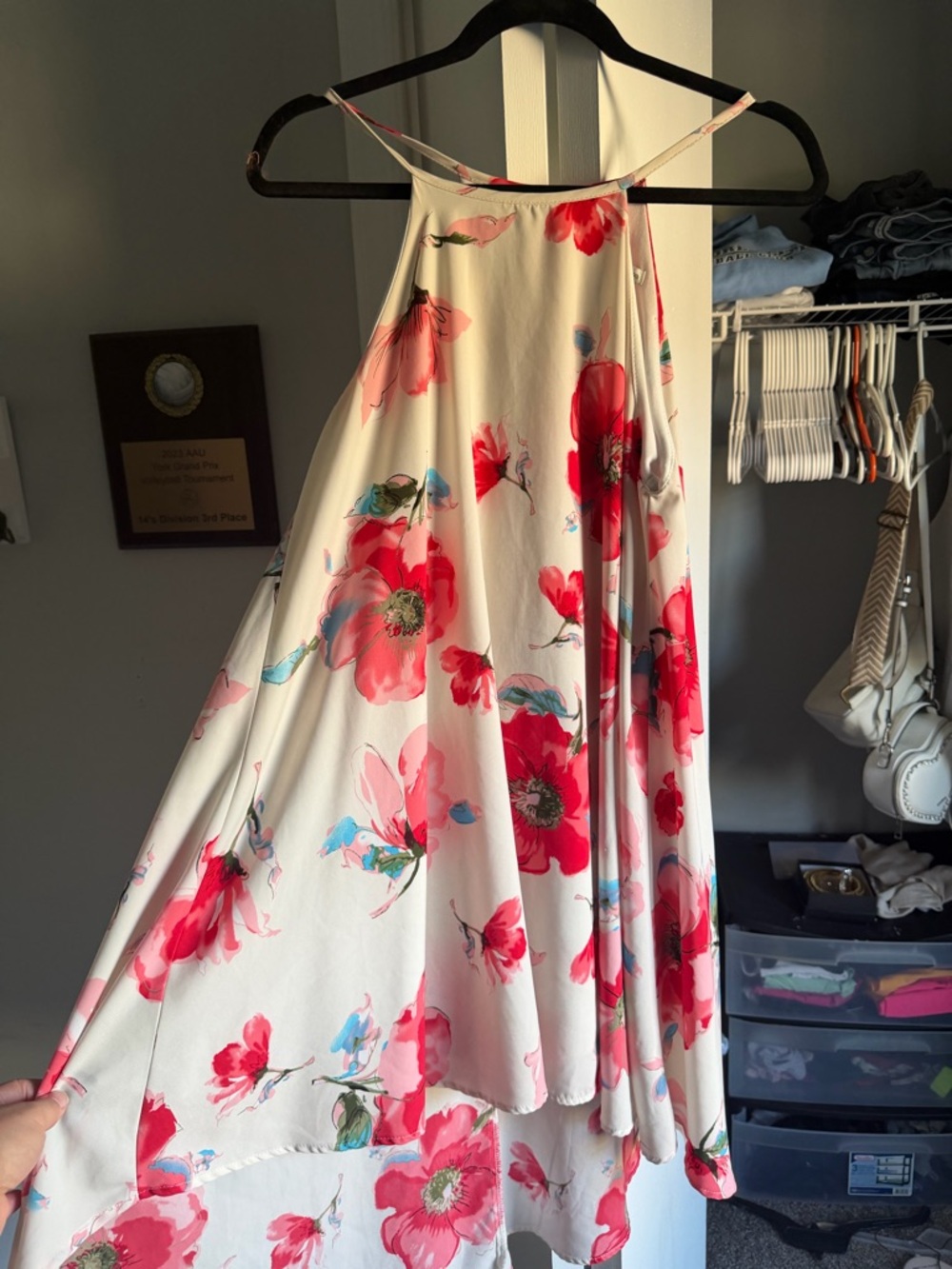 Charlotte Russe Cream High-Low Dress with Pink & Red Floral Print